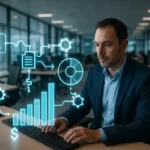 A digital illustration of an office using automated back-office systems.