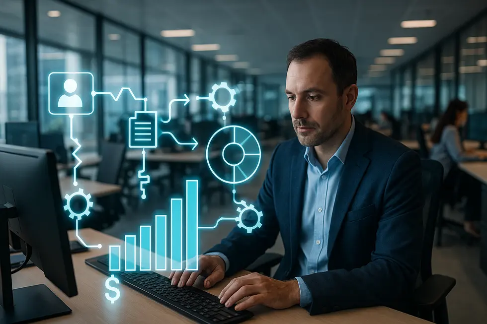 A digital illustration of an office using automated back-office systems.