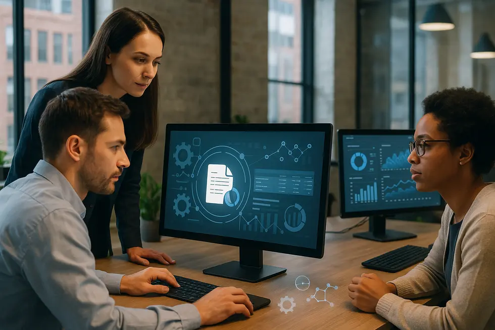 Employees collaboratively utilizing automated systems for accounts payable processes.