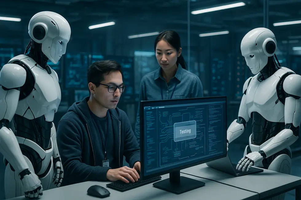 Robots collaborating with engineers in a high-tech lab environment for software testing automation using generative AI.