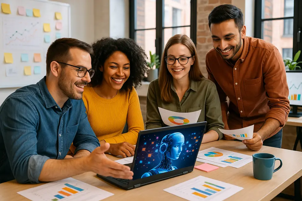 Robots collaborating with engineers in a high-tech lab environment for software testing automation using generative AI.