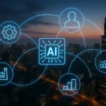City at dusk with digital AI overlays showing AI's influence across business sectors.