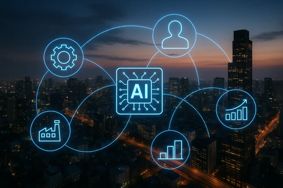 City at dusk with digital AI overlays showing AI's influence across business sectors.