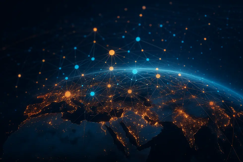 An image illustrating the interconnected nature of AI trends and data networks worldwide.