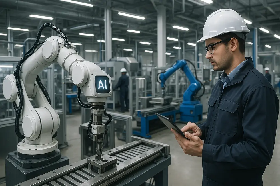 Robots collaborating with engineers in a high-tech lab environment for software testing automation using generative AI.