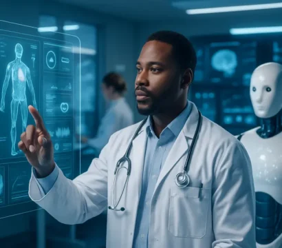 A futuristic healthcare setting with AI systems enhancing patient care and operational efficiency.