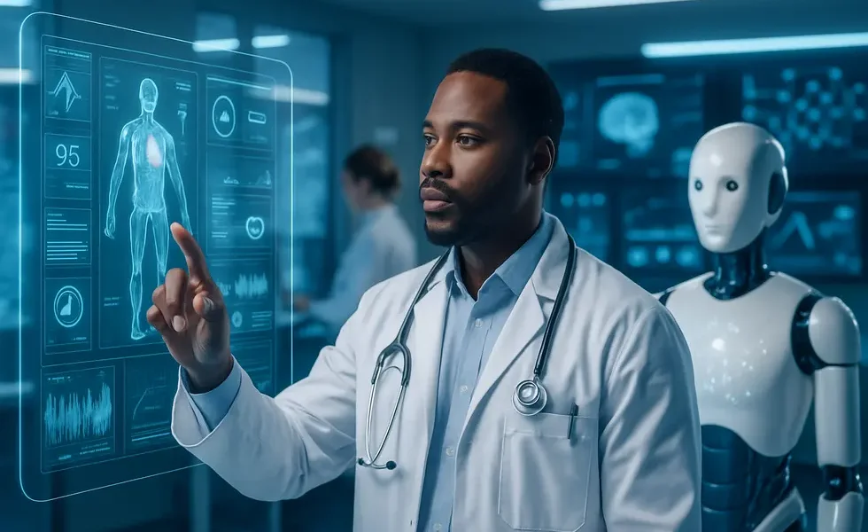 A futuristic healthcare setting with AI systems enhancing patient care and operational efficiency.