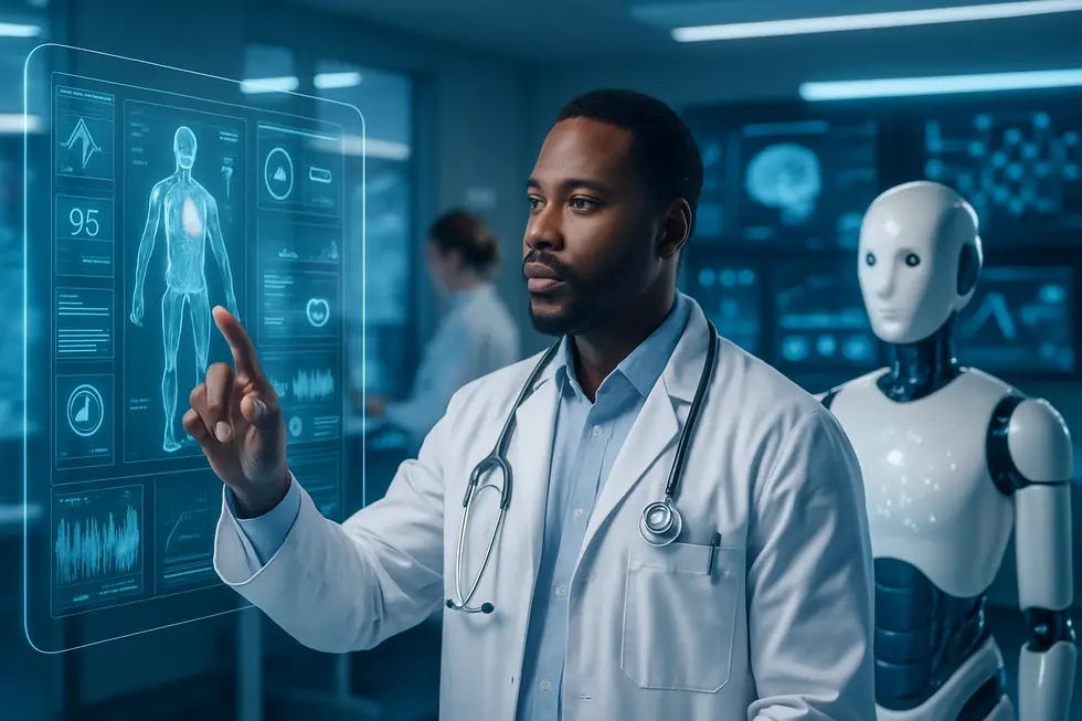 A futuristic healthcare setting with AI systems enhancing patient care and operational efficiency.