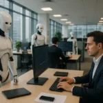 Illustration showing autonomous AI systems in a corporate setting, facilitating business tasks.