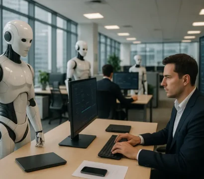 Illustration showing autonomous AI systems in a corporate setting, facilitating business tasks.