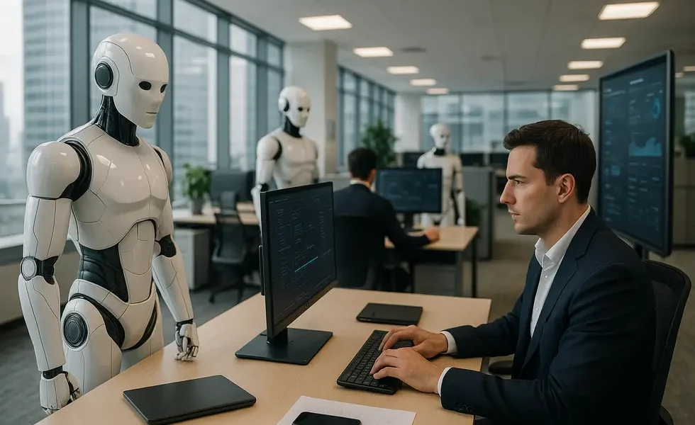 Illustration showing autonomous AI systems in a corporate setting, facilitating business tasks.