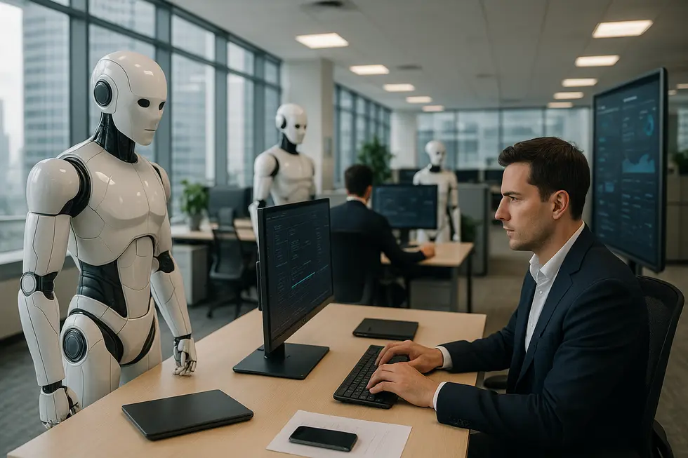 Illustration showing autonomous AI systems in a corporate setting, facilitating business tasks.