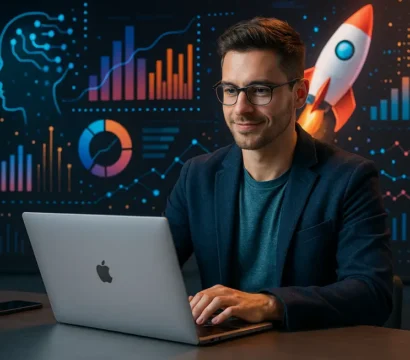 An image of a solo entrepreneur launching a Micro SaaS product, symbolizing technological innovation and entrepreneurship.