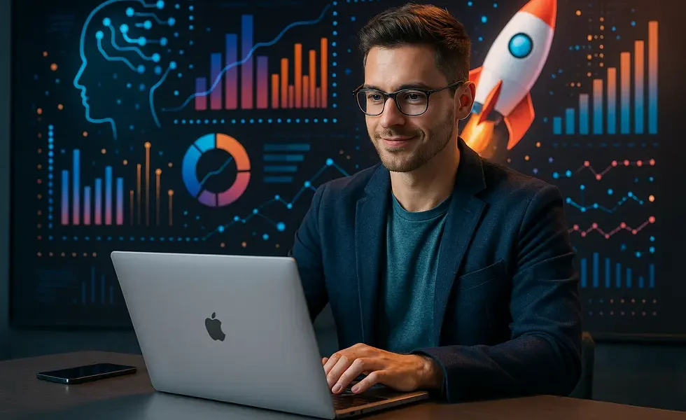 An image of a solo entrepreneur launching a Micro SaaS product, symbolizing technological innovation and entrepreneurship.